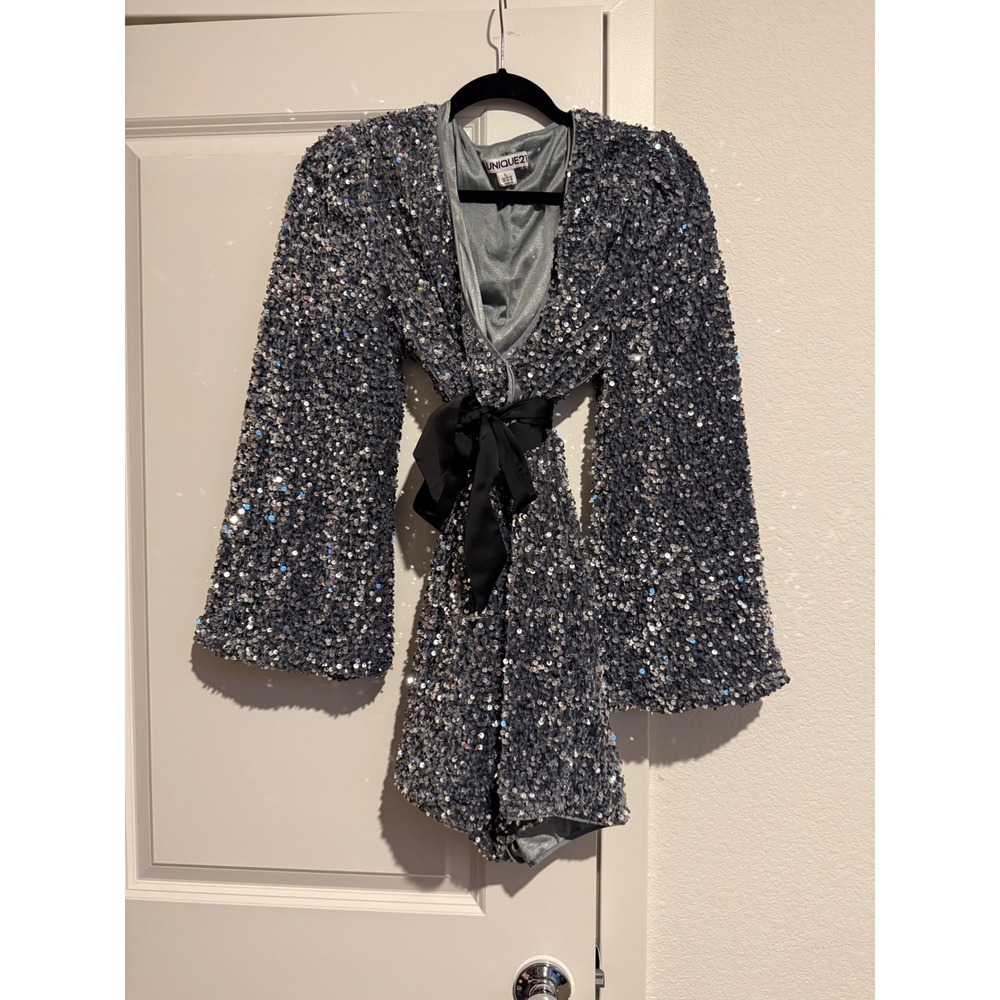 Unique21 Silver Sequin Romper Bell Sleeve V-Neck Black Satin Tie Waist Large